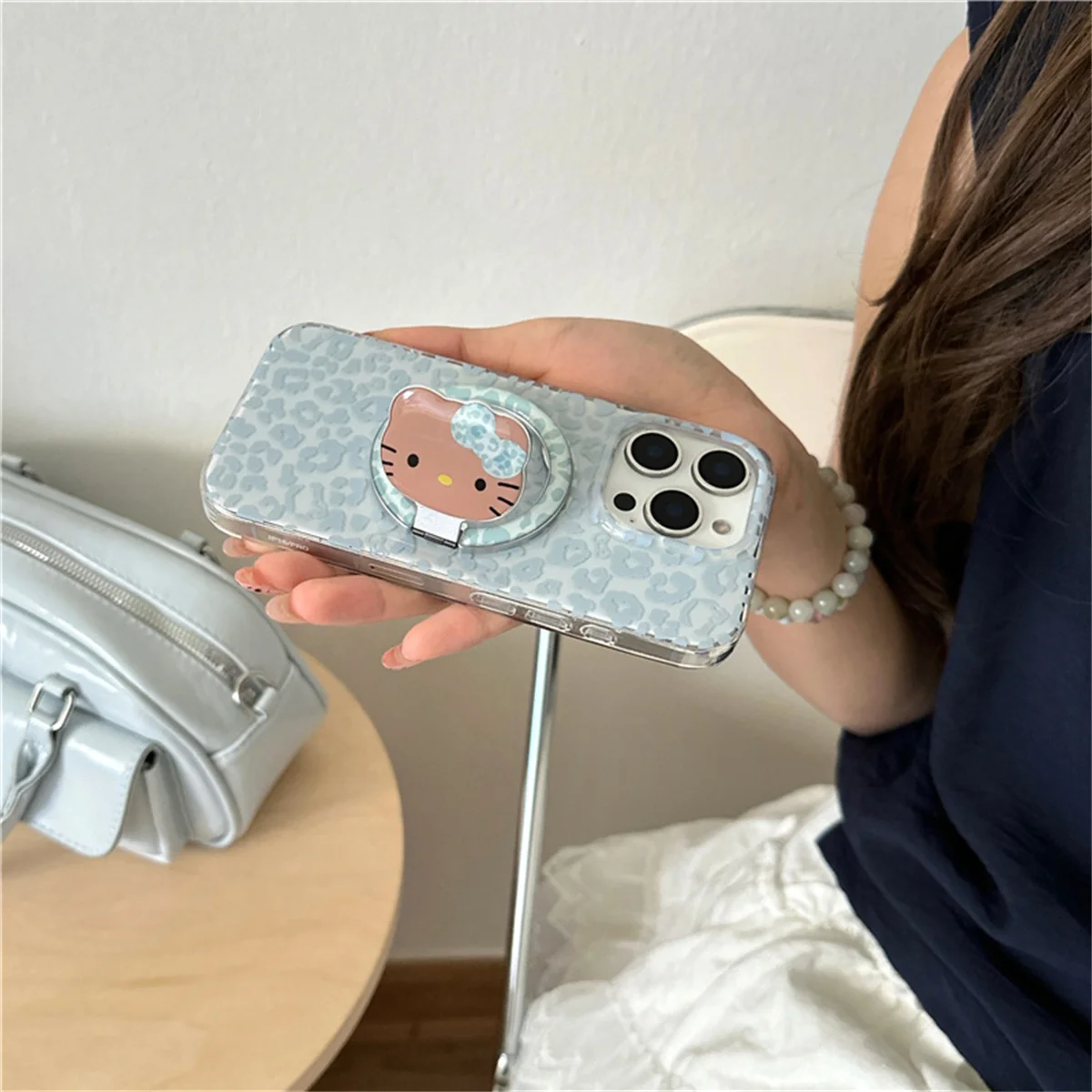 Lovely Pink Leopard Print Magnetic Phone Case For iPhone 16 Pro 14 13 15 Pro Max Cover with Hello Kitty Stand Holder Cases