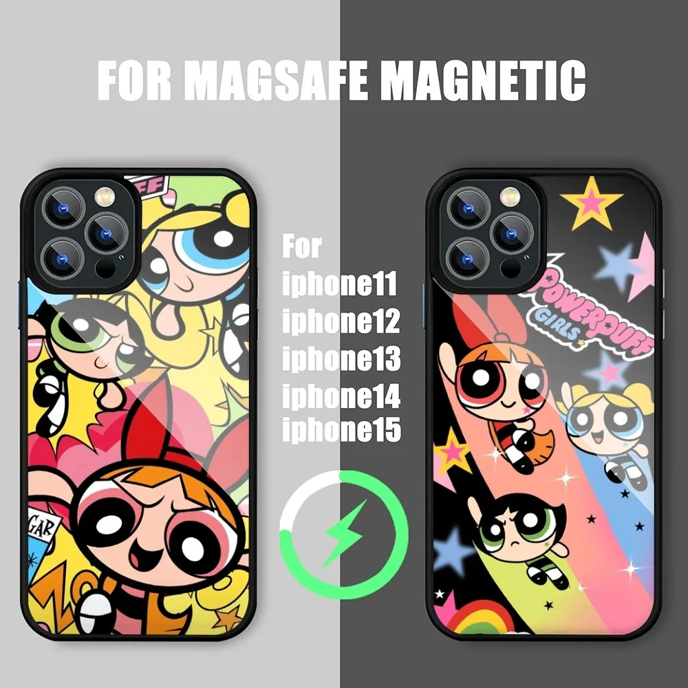 Cartoon The P-Powerpuffs Girls Phone Case For iPhone 15 14 11 12 13 Pro Max Plus Magsafe Wireless Charge Cases Cover