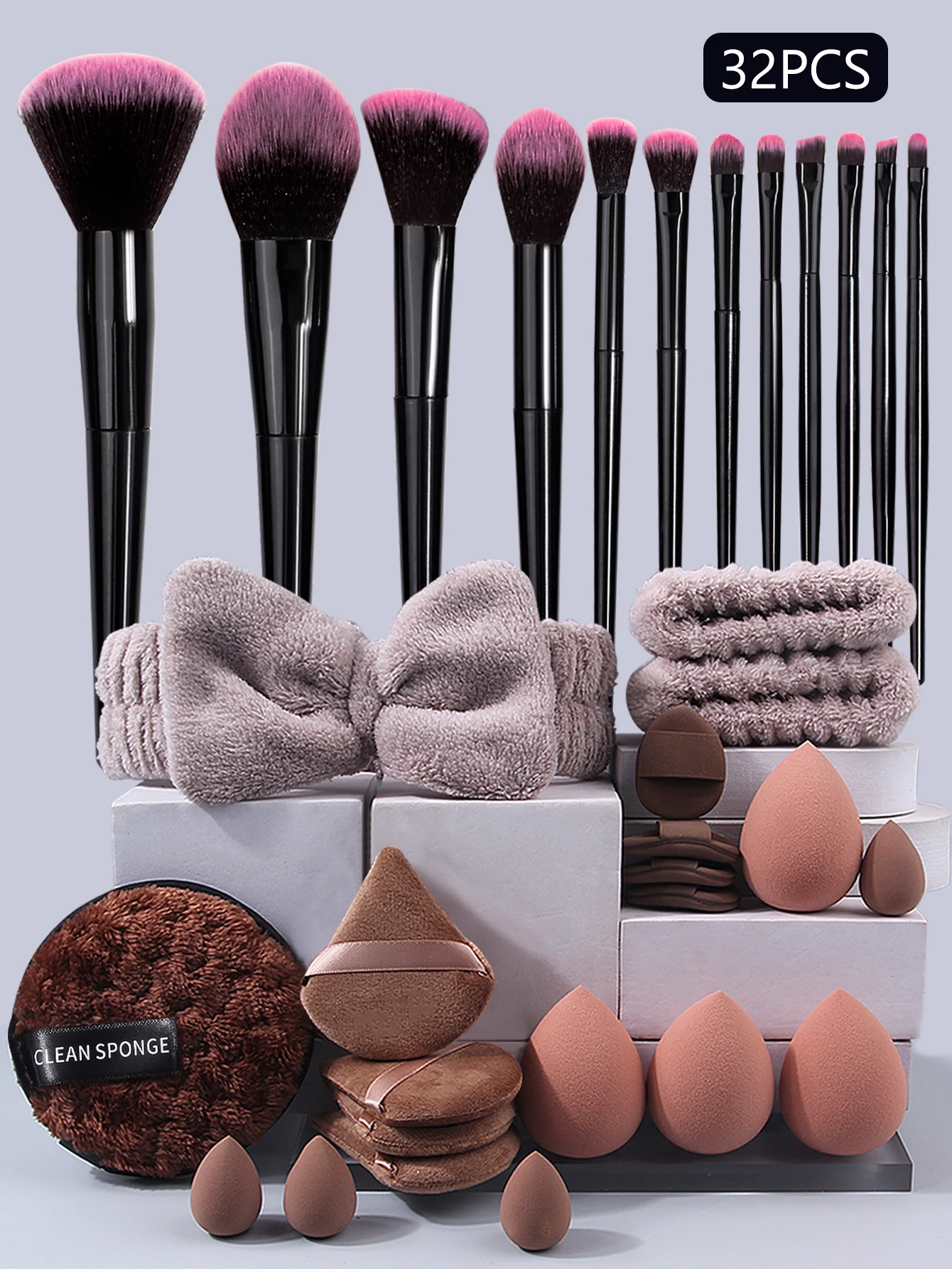 32PCS Professional Makeup Brush Set, 12 Makeup Brushes, Makeup Sponge, Powder Puff, Hairband, Wristband, Facial Cleansing puff