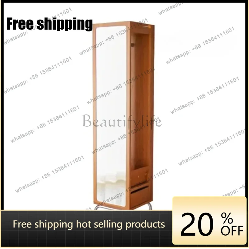zj.floor-to-ceiling full-body mirror, retro coat rack, household small apartment solid wood storage rack, magazine cabinet,