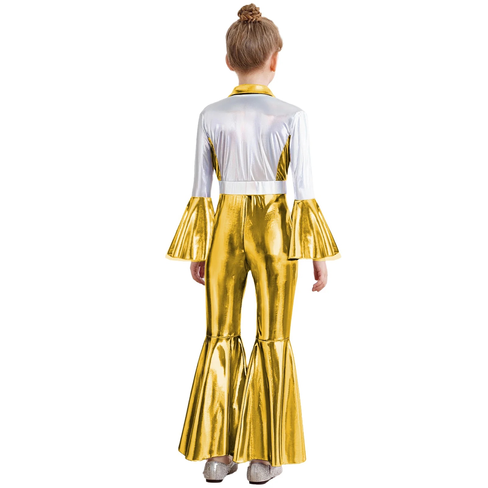 

Girls 70s Disco Costume Halloween Cosplay Jumpsuit With Long Bell Sleeves And Flare Legs Metallic Romper For Stage Performance