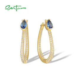 SANTUZZA Real 925 Sterling Silver Loop Earrings For Women Sparkling White CZ Blue Spinel Trendy Daily Wearing Party Fine Jewelry