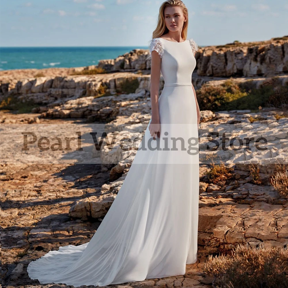 Cap Sleeves Boho Wedding Dress Scoop Neck A-Line with Belt Floor Length Sexy Open Back Chiffon Sweep Train Bridal Gowns Robe