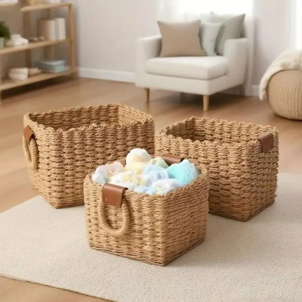 

3PCS Handmade Paper Rope Storage Basket Simple Eco-friendly Woven Storage Basket with Handle Decorative Laundry Basket