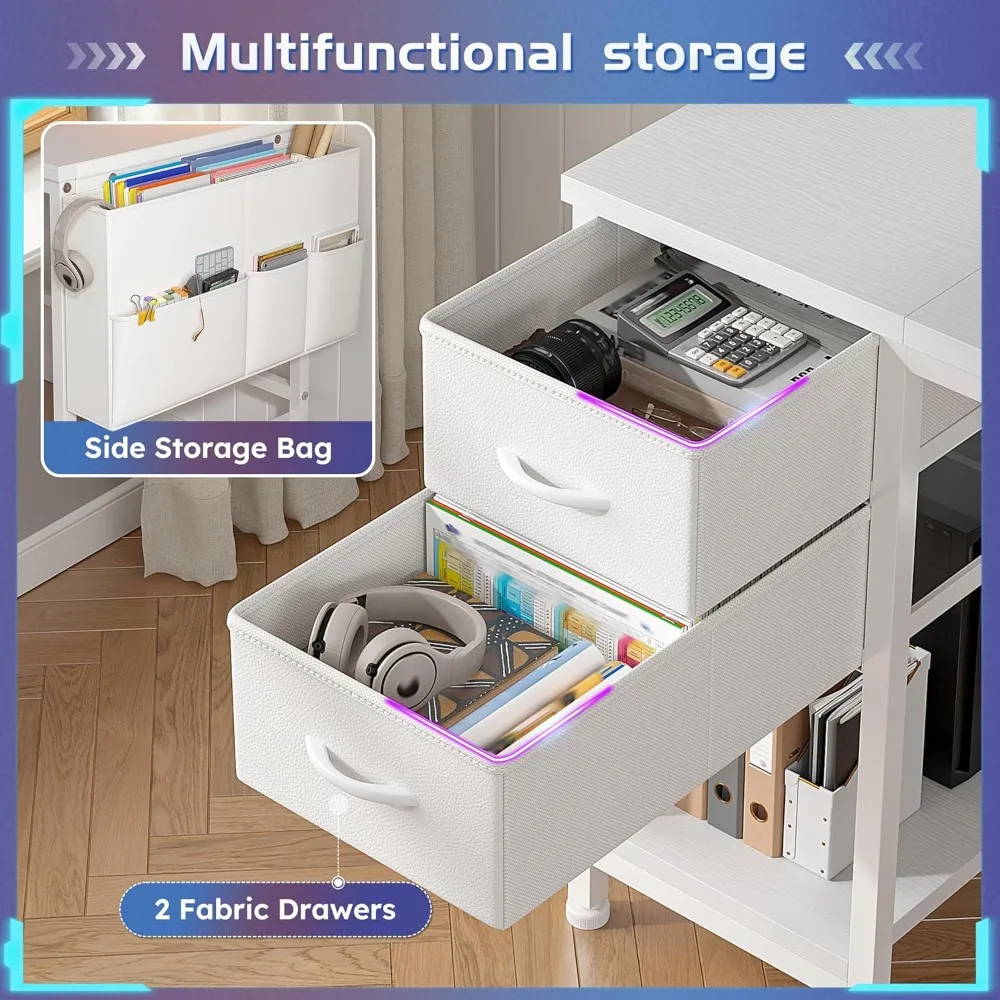 48" Computer Desk with LED Lights, Gaming Desk with Drawers & Storage Bag, Office Desks with Power Outlets & Monitor Stand, Home