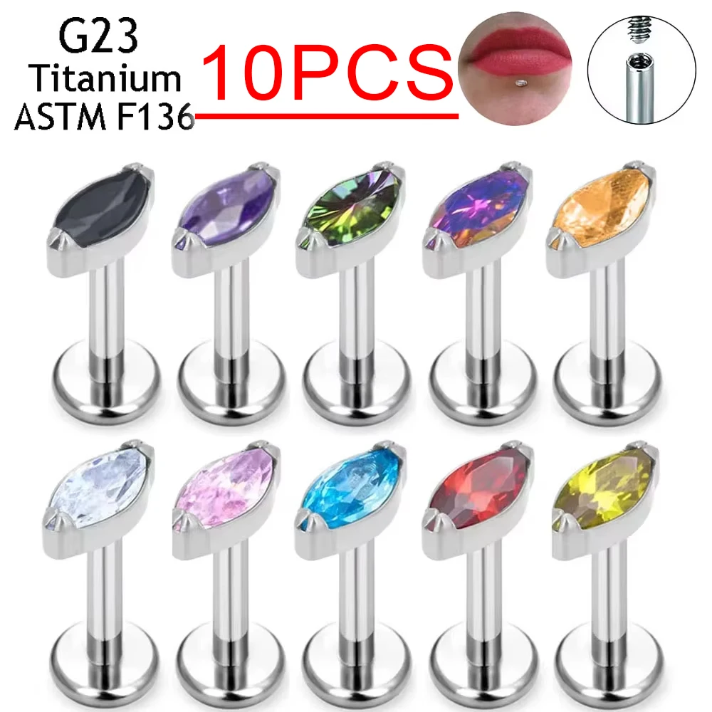 

10PSC G23 Titanium Labret Lip Piercing 16G 18G Nose RingTragus Marquise CZ Helix Cartilage Conch Earring Piercing Body Jewelry
