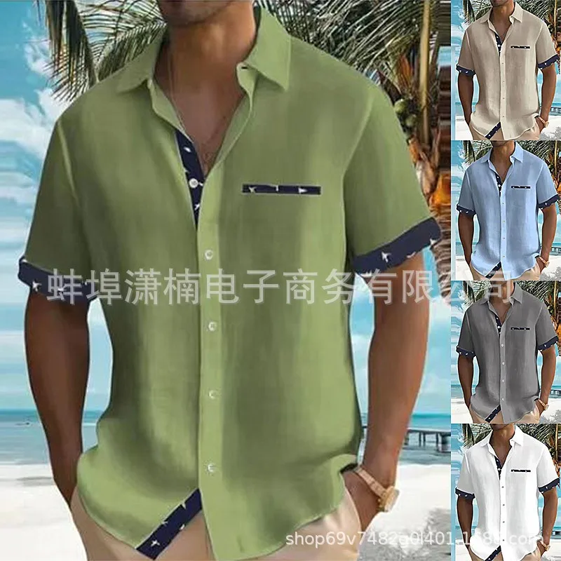 Streetwear Shirt Digital Print Slim Fit Shirts Olive Green Casual Shirt Spread Collar Short Sleeve Shirt Contrast Trim White