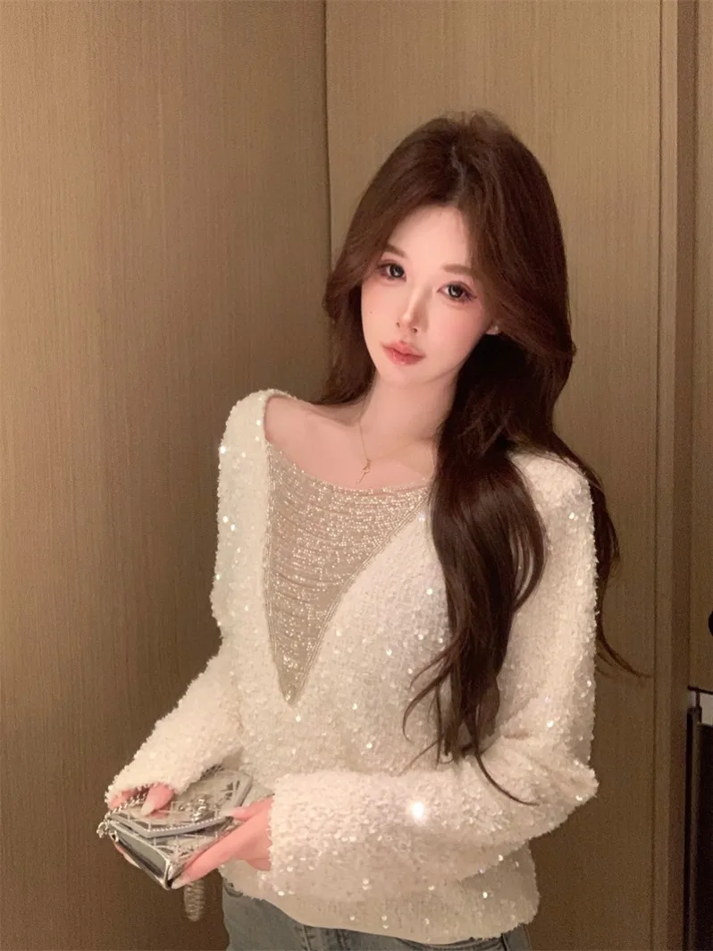 

Женский сверкающий трикотаж с V-образным вырезом, длинный свек, внутренний свитер, зимний сезон, верхняя одежда, топ