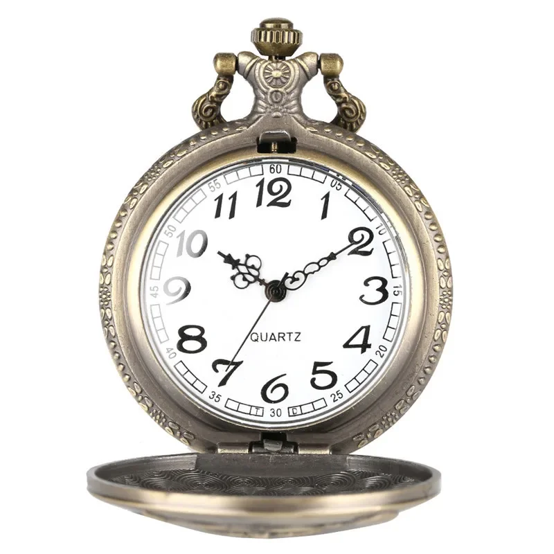 Bronze Solider Pattern Full Hunter Quartz Analog Pocket Watch for Men Women Necklace Sweater Chain Collectable Clock Reloj