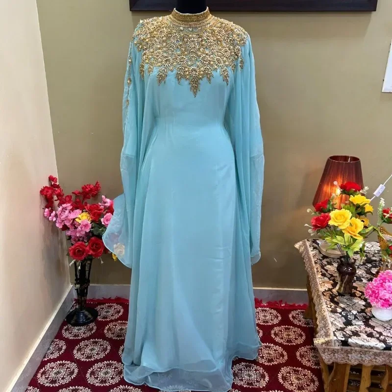 

Sea Green Cristal Stone Beaded Kaftan Abaya African Dress Very Fancy Long Gown