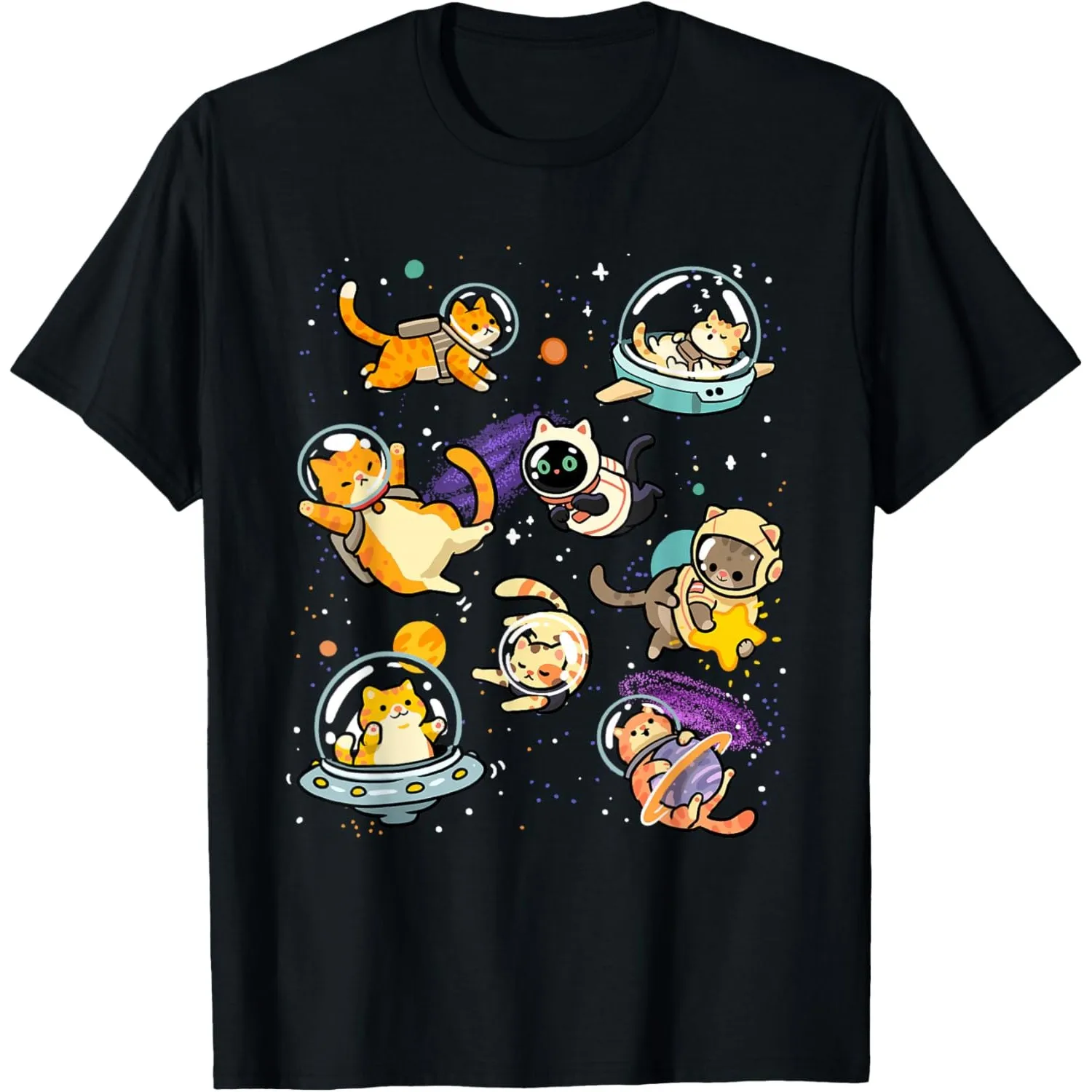 

Space Cats Astronaut Graphic Tee Funny Kitten Galaxy Print Men's Round Neck T-Shirt