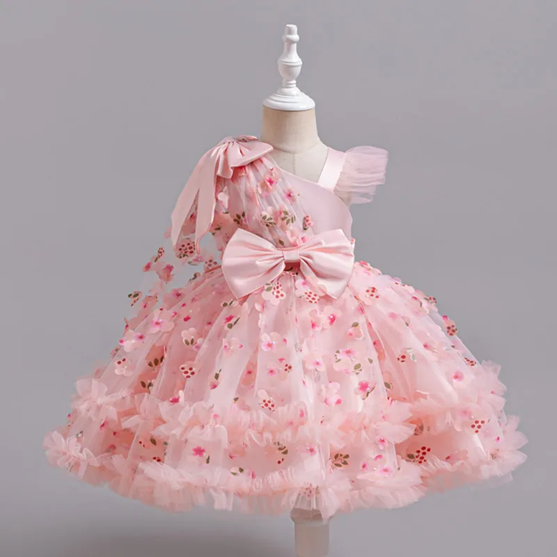 

Girls Flowers Fairy Dress for Kids One Shoulder Party Gown Bow 3D Floral Toddler Birthday Party Host Performance Fashion Costume