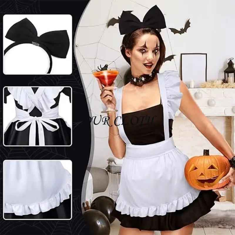 

Halloween Women Maid Costume Apron Ruffled Apron Dress with Maid Headband Headpiece For Women Girl Halloween Role Play Y1AC