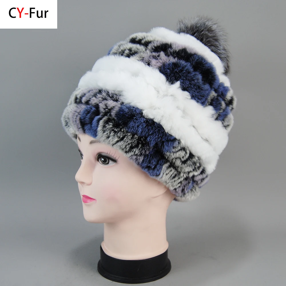 

New Winter Warm Real Rex Rabbit Fur Hats Beanies 100% Natural Fur Caps Fashion Knitted Genuine Fur Hat With Silver Fox Fur Ball