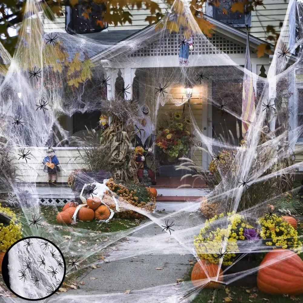 Halloween Decorations Artificial Spider Web Super Stretch Cobwebs with Fake Spiders Scary Party Scene Decor Horror House Props