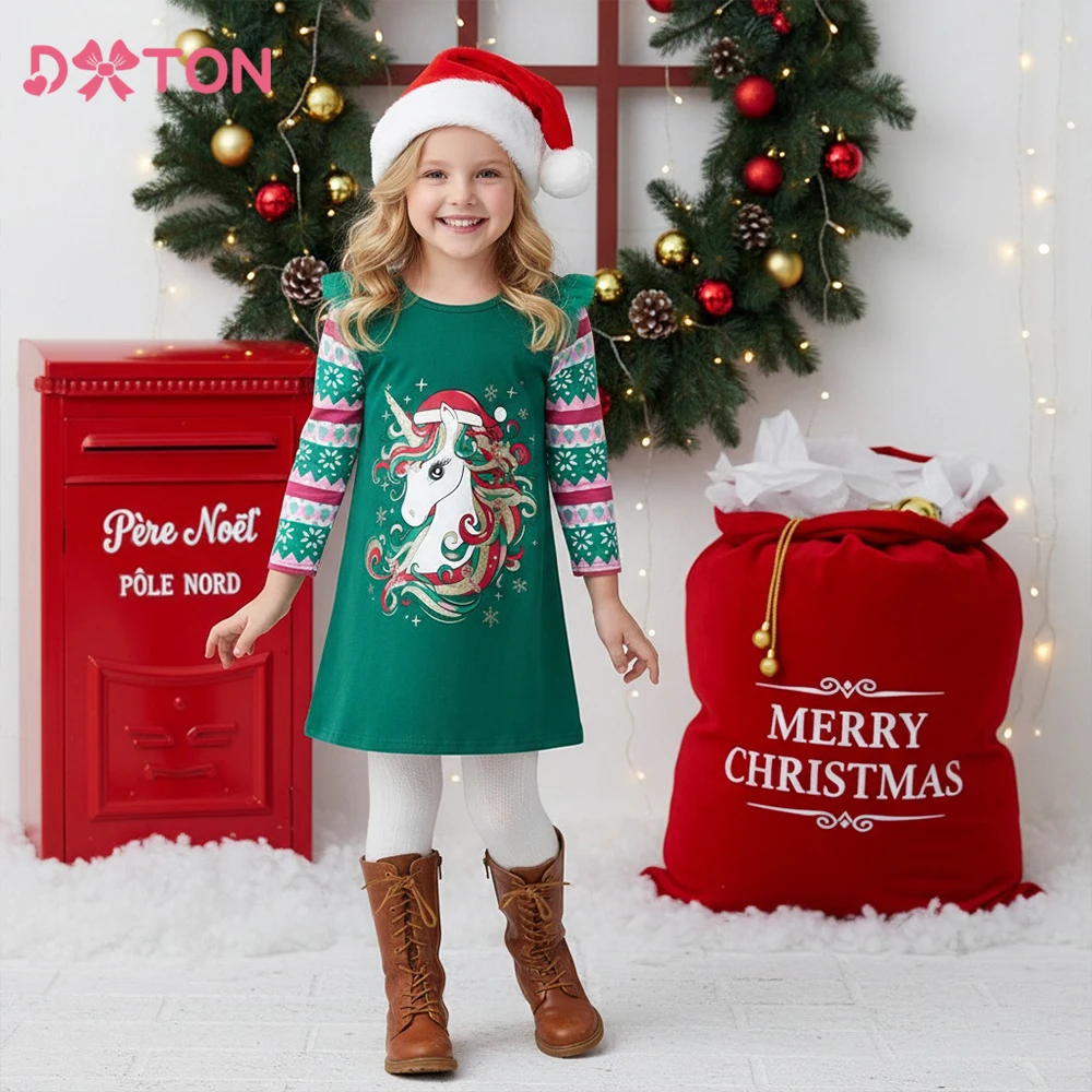 

DXTON/платье для маленьких девочек; Рождественская праздничная одежда для детей; Коллекция 2024 года; Новогоднее детское платье в полоску со снежинками и единорогом; Хлопковая одежда для малышей