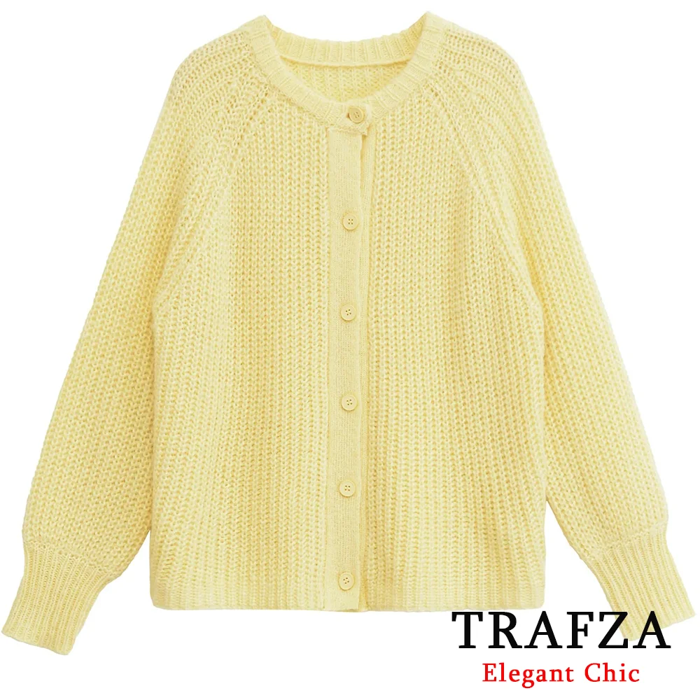 

TRAFZA Women Casual Rough Knit Sweater Coat O-Neck Button Yellow Cardigan 2025 Fall Winter Fashion High Street Cute Lady Sweater