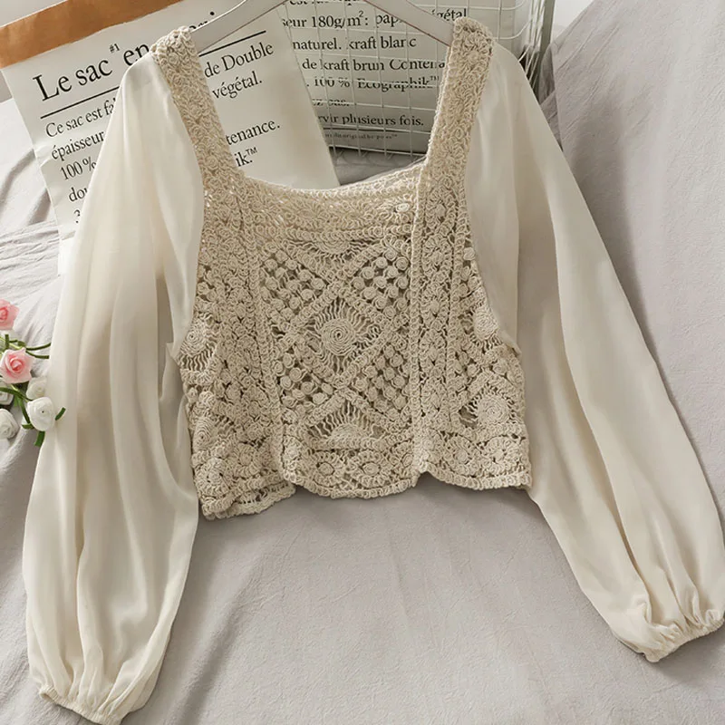 OUMEA Women Cotton Crochet Blouse Spring Autumn Casual Loose Fit Style Sweet Solid Color Vintage Tops With Chiffon Sleeve