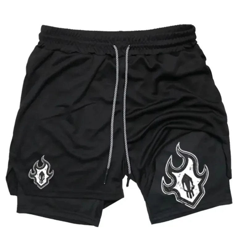 Sportswear Double Deck Mens Sports Tight Shorts 2-in-1 Quick-drying Pants Running Sports Fitness Pants with Mobile Phone Pocket