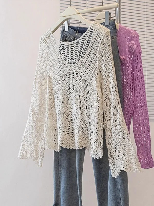

n Sle Hollow out Knitted Top Women's Summer New Loose plus Size Sun Protection Faion Korean Version Long Sve T-...