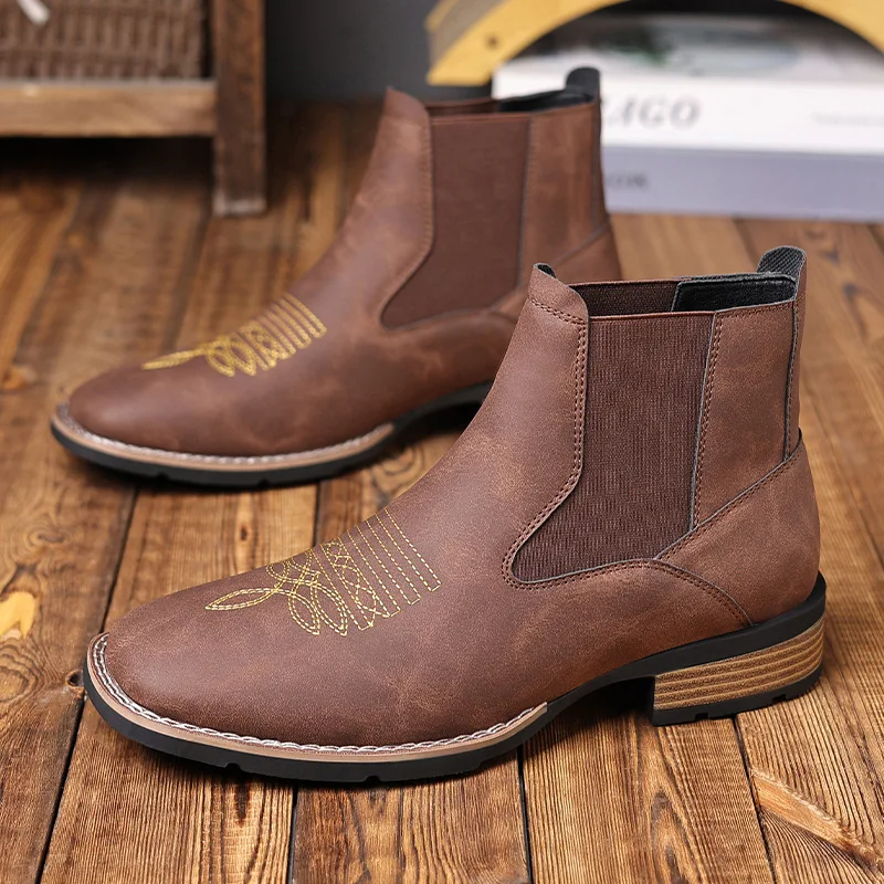 Men's Classic Retro Chelsea Short Boots Mens Fashion Embroidery Ankle Boot High-top Casual Shoes for Men