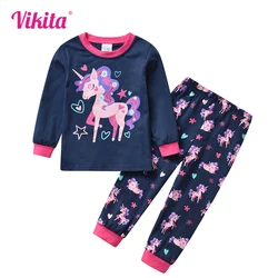 VIKITA 2Pcs Children Pajamas T-shirts Pants Set Girls Unicorn Cotton Clothes Winter Cartoon Sleepwear Kids Pajamas For Girls