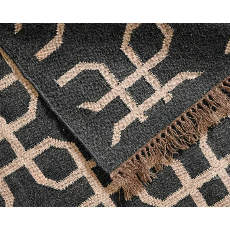 Black Rectangle Wool Jute Kilim Rug with White Design Rug Fringes Jute Rug