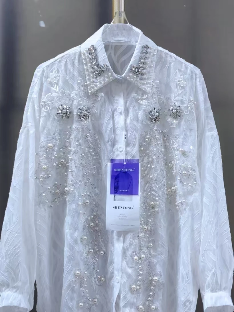 

Pears Beads Sequins Diamonds Stitch Oversize White Shirts & Blouses Women's Long Sleeve Y2K Tops korean Popular Clothes