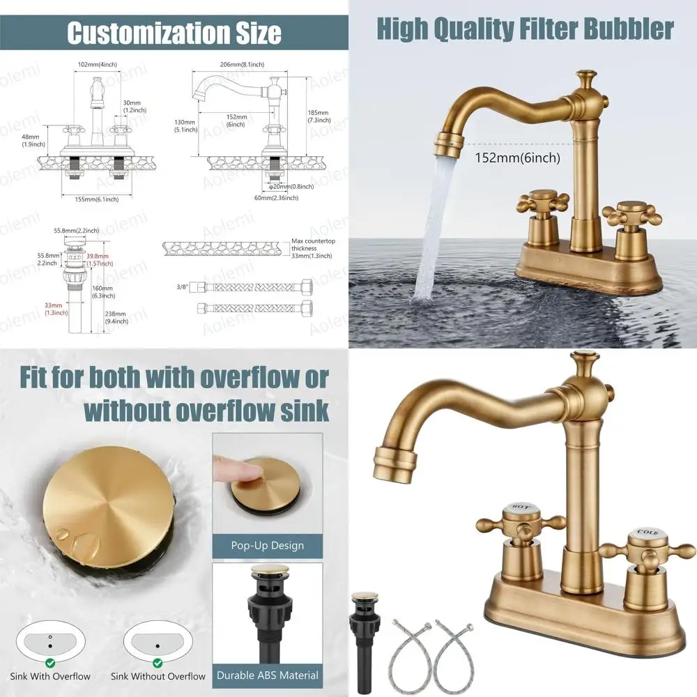 

Vintage 2-Handle Centerset Bathroom Sink Faucet with Hoses and Drain, Antique Brass Finish
