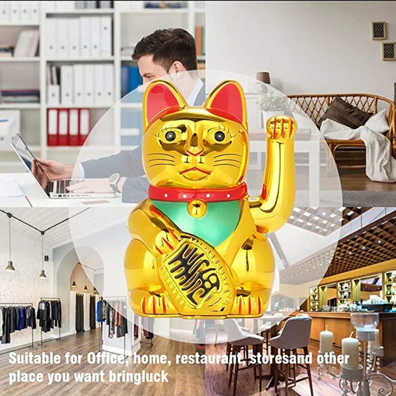 Maneki Neko Lucky Fortune Cat Japanese Lucky Cat with Waving Arm Gold Battery Operated Home Office Ornament Deoration