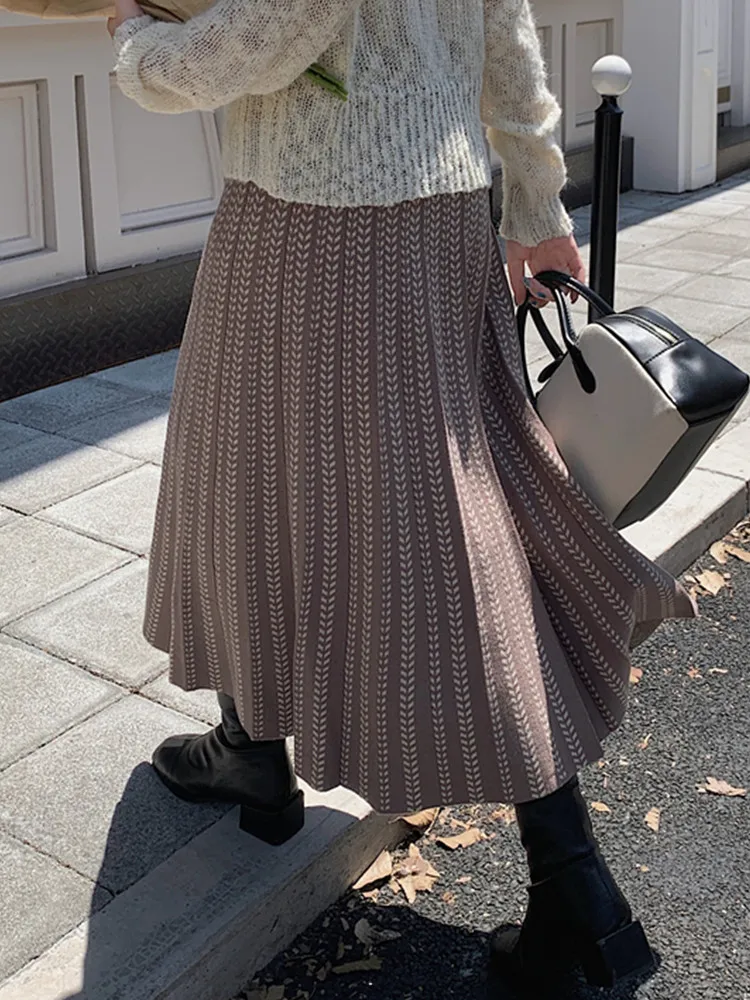 Print Autumn Winter Long Knitted Skirt Women 2022 Korean Fashion Vintage High Waisted Black Pleated Skirts Midi Length