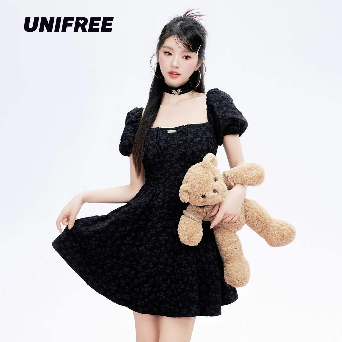 

UNIFREE Puff Sleeves Black Dress Printing Sweet Sexy Casual Womens Dresses Slim Summer Dresses Women 2023