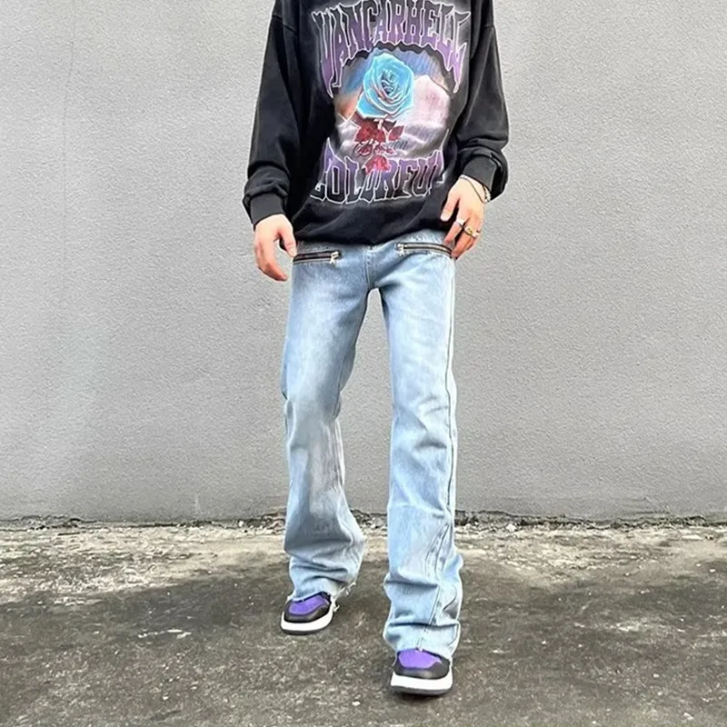 2023 Y2K Fashion Zipper Retro Washed Baggy Flare Jeans Pants Men Streetwear Hip Hop Wide Leg Straight Denim Trousers Ropa Hombre