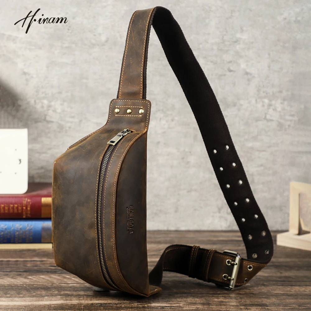 

Vintage Men's Chest Bag Cowhide Leather Sling Bags Crazy Horse Leather Crossbody Shoulder Fanny Pack For Man Male