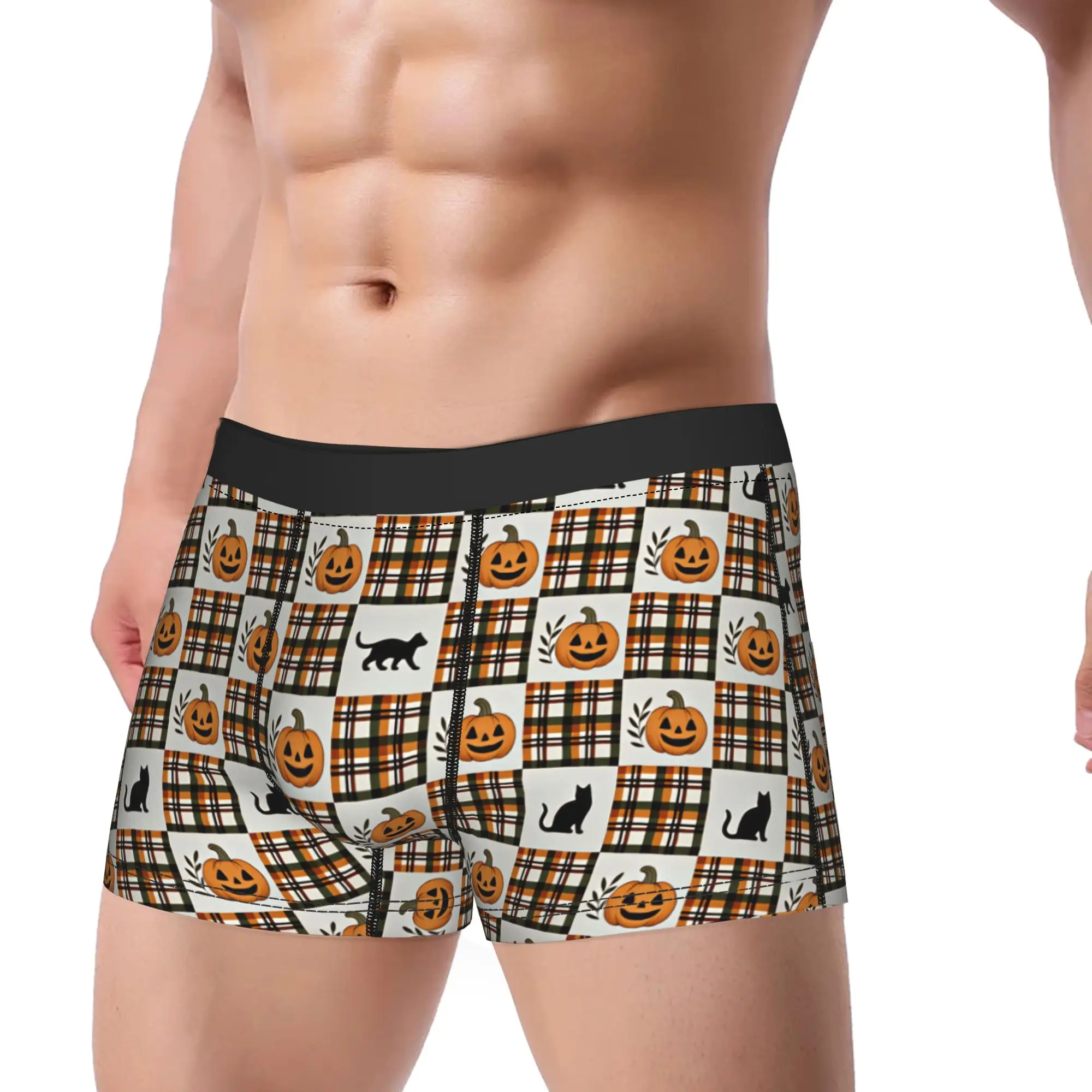 Halloween Plaid Black Cat Pumpkin Checkered Seamless Pattern Underwear Males Boxer Brief Comfortable Boxershorts Plus Size