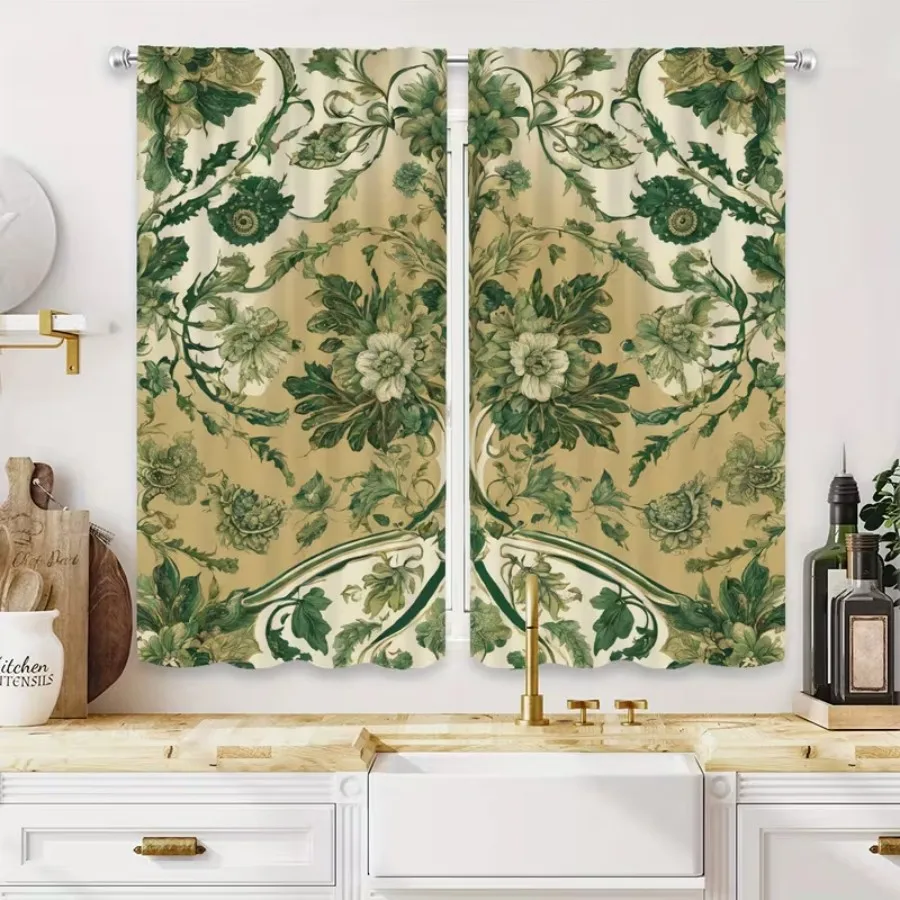 2 PCS Green Vine Flower Curtains, Natural Forest Style Window Drapes for Living Room Bedroom Home Decor Polyester Rod Pocket