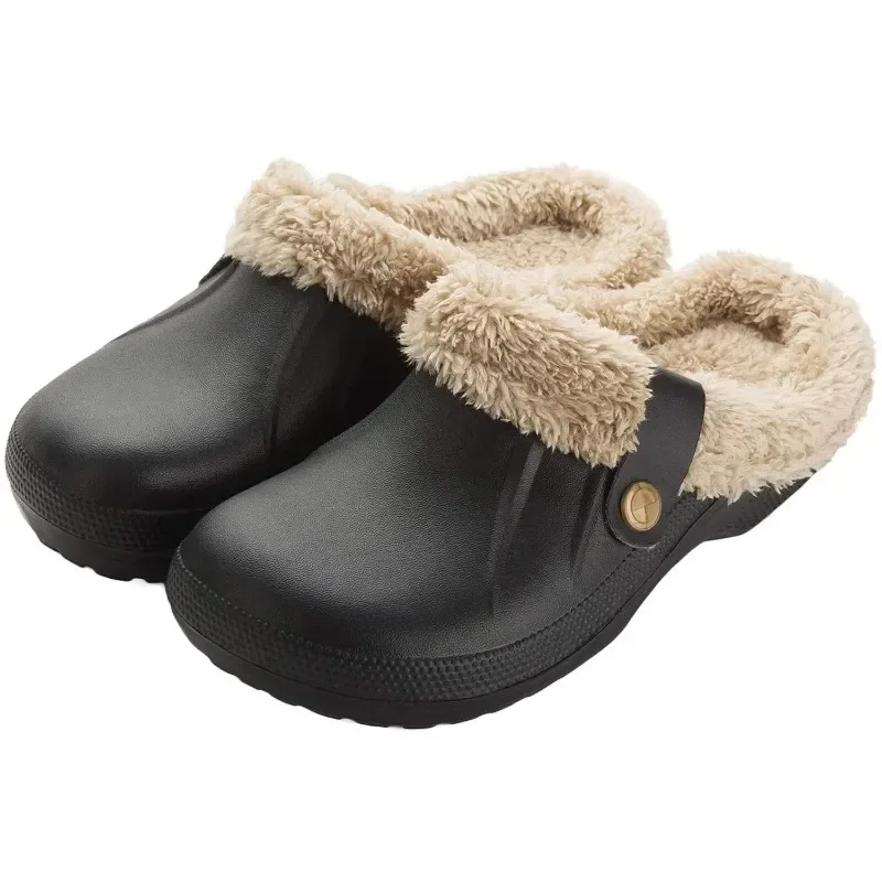 Comwarm Fur Men Heels Slippers Winter Outdoor Plush Lining Slippers Waterproof Fur Garden Heels Shoes Warm Soft Home Slippers