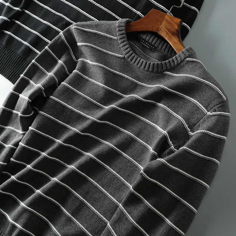 

Без катышков! Удобный повседневный полосатый трикотажный свитер из хлопка для мужчин: модный, молодежный, с длинным рукавом и круглым вырезом