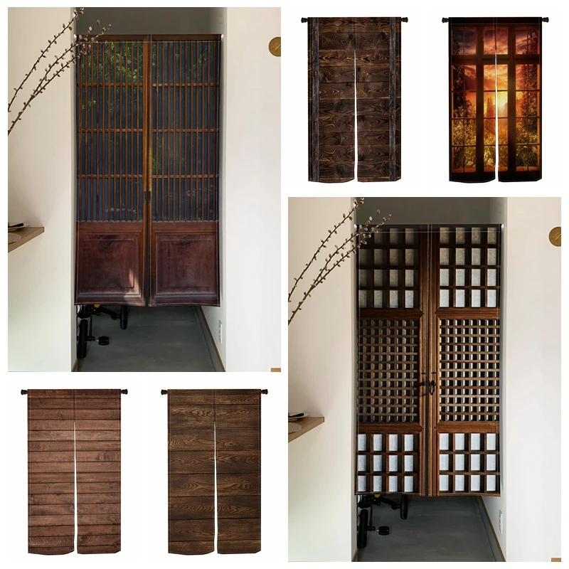 Retro Wood Grain Noren Door Curtains Japanese Style Grid Wooden Panel Linen Doorway Curtain Home Decor Room Divider Half Curtain