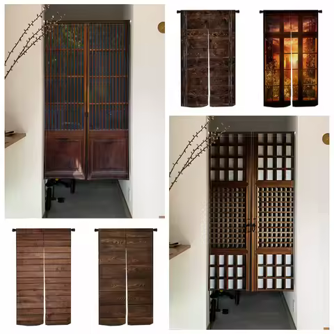 Retro Wood Grain Noren Door Curtains Japanese Style Grid Wooden Panel Linen Doorway Curtain Home Decor Room Divider Half Curtain