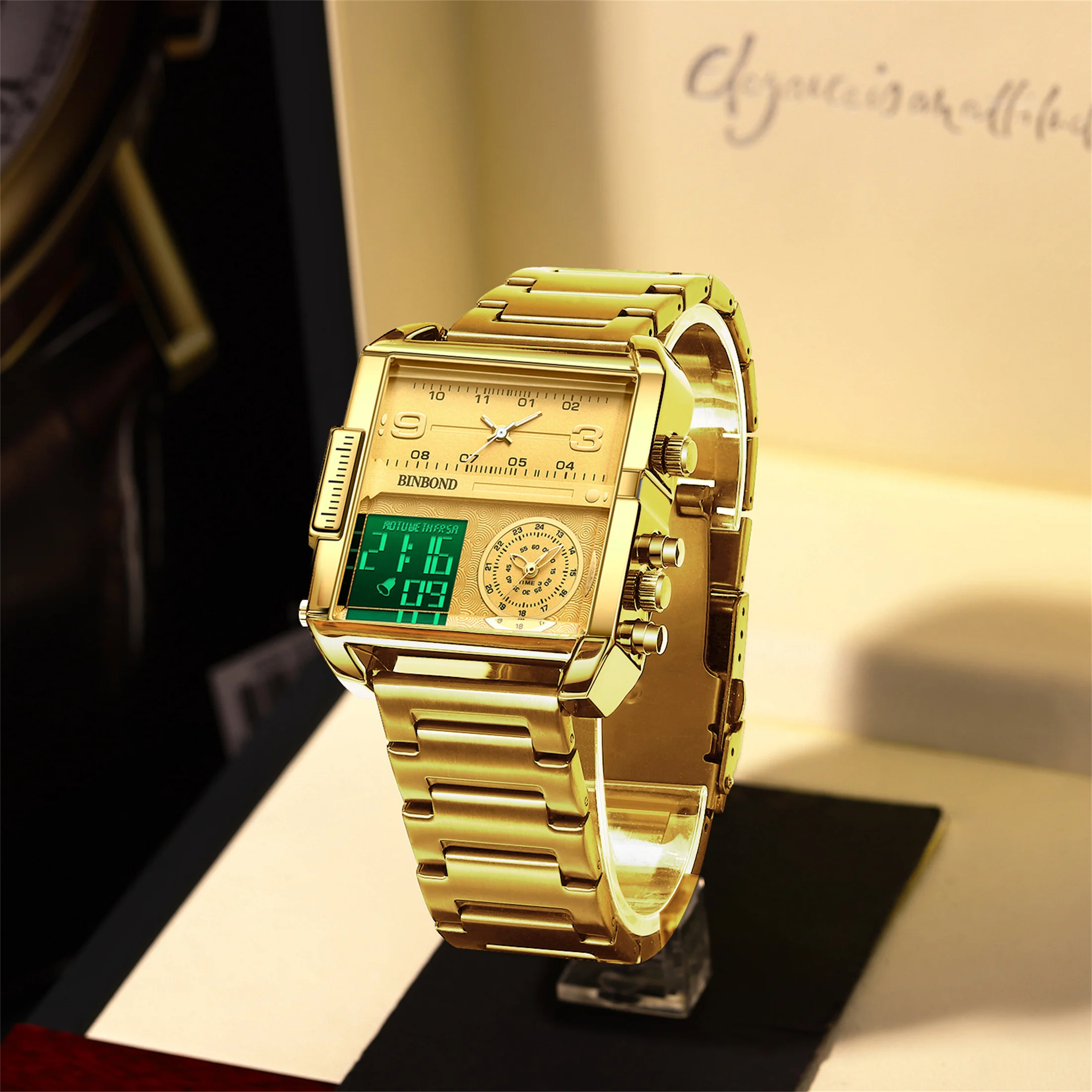Golden Double Display Square Luxury Business Quartz Watches Mens Clock Stainless Steel Band Wristwatches Designers Watch 3332