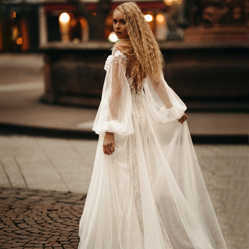 LoveDress V-Neck Puff Sleeve Wedding Dress A-Line Lace Appliques Modern Backless Bride Gown Tulle Sweep Train Vestido De Noiva