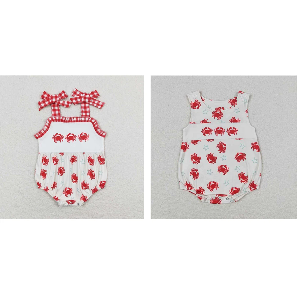 

Wholesale western boutique baby kids newborn toddler clothes Crab Stars red and white check lace beige halter vest onesies