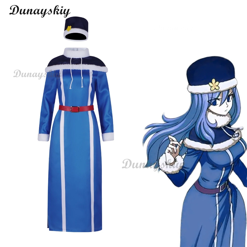 Juvia Lockser Cosplay Fairy Anime Costume Tail Blue Dress Juvia Uniform Hat Prop Wig Set Halloween Party Outfit for Women