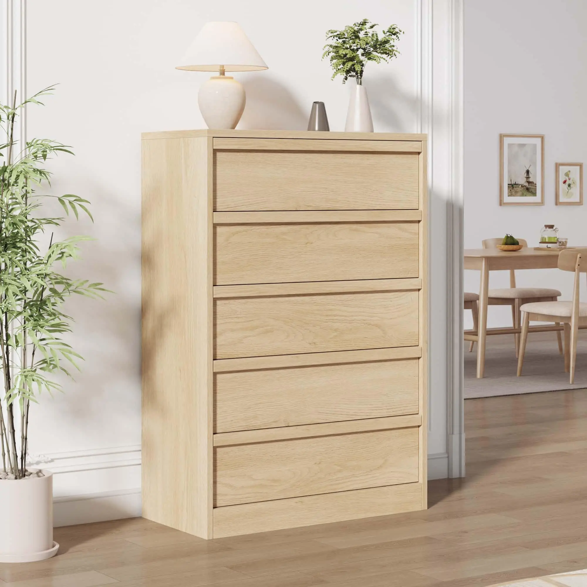 5 Drawer Dresser For Bedroom, 43.3in Tall Wooden Storage Chest With Deep Drawers, Modern Closet Cabinet For Living Room Entryway Hallway