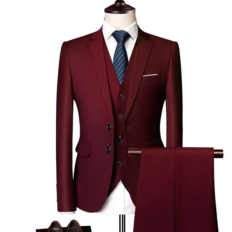 Men's Slim Fit Suit Set Korean Design Wedding Groomsman Formal Wear Job Interview Professional Attire
