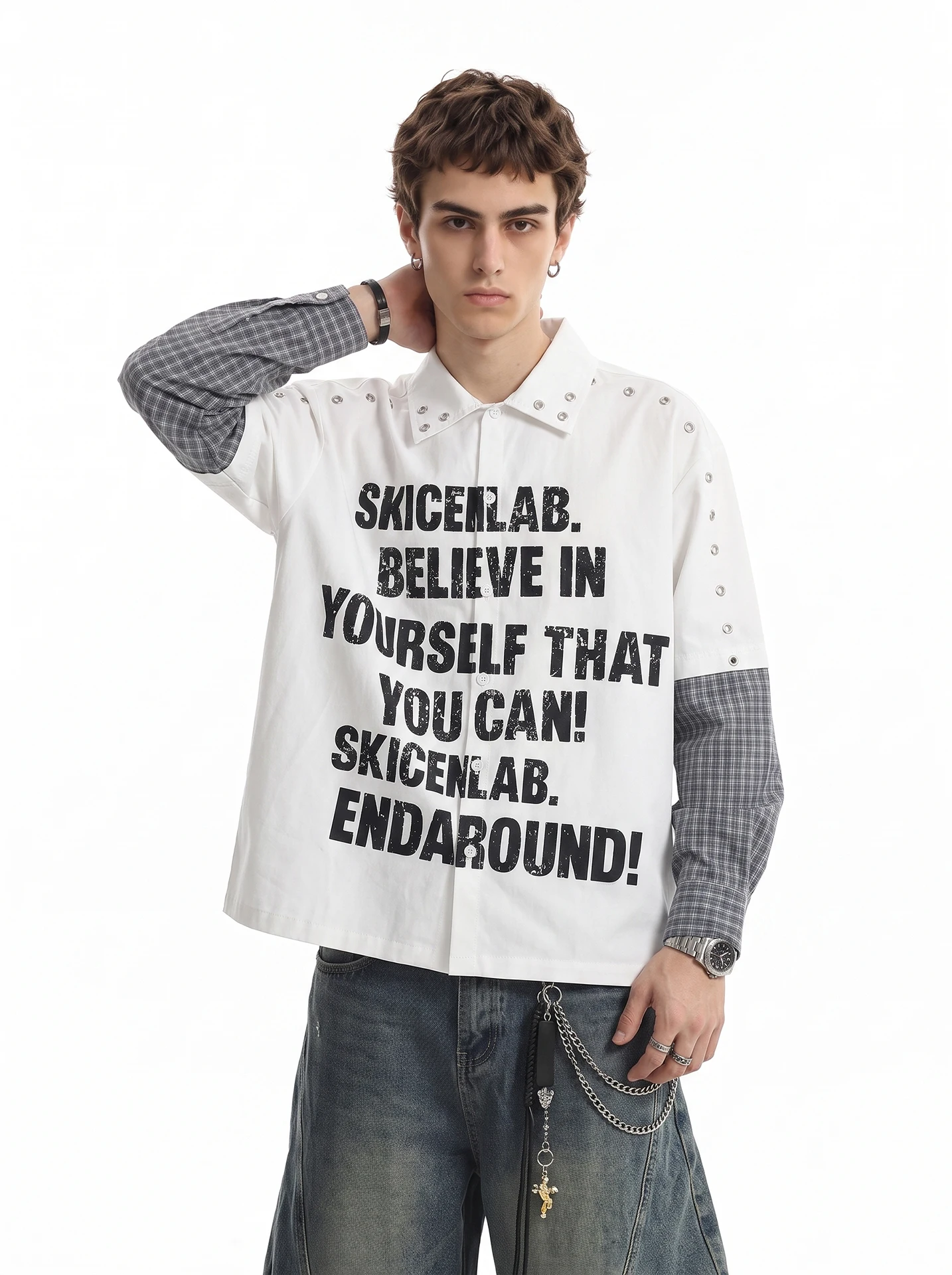 American Style Letter Print Rivet Plaid Long Sleeve Loose Fit Men's Shirt Casual Street Style Fake Two-Piece Button up