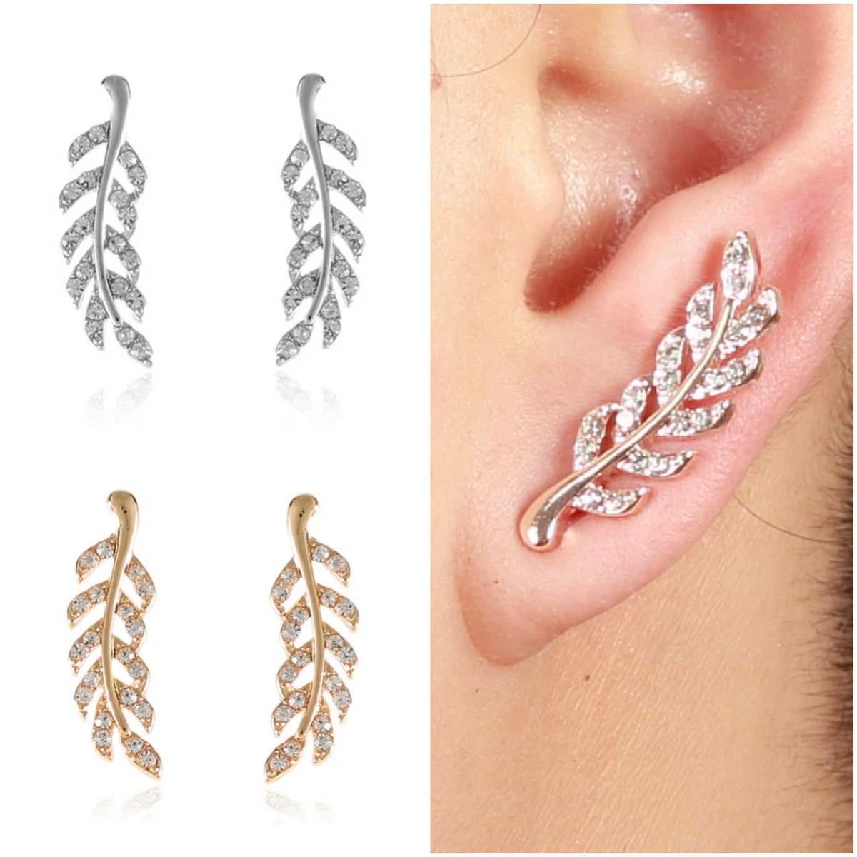 Fashion Crystal Leaf Earrings for Women Vintage Exquisite Wheat Shape Stud Earrings Golden Silver Color Party Jewelry Gift