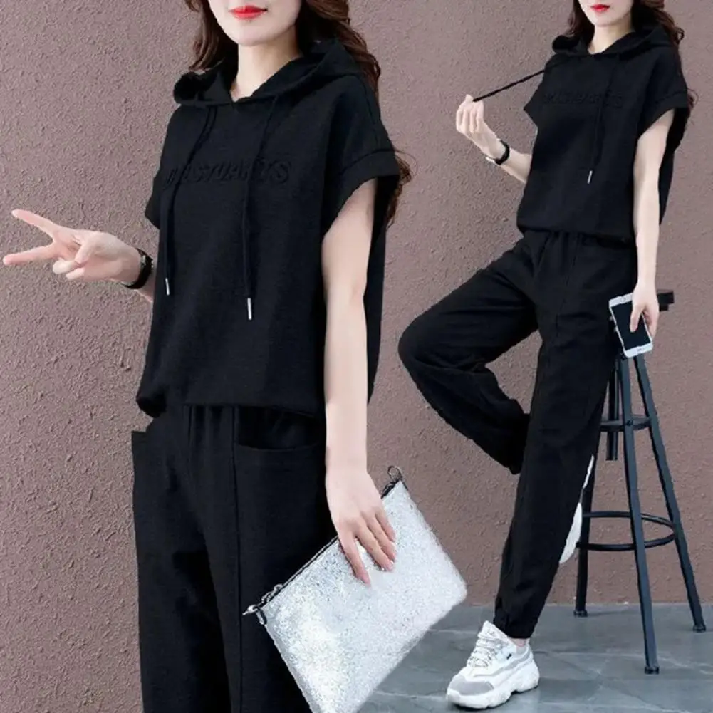 Soft Lady Sweatshirt Trousers Suit Short Sleeves Women Hoodie Pants Set Casual Pure Color Women Hoodie Pants Set Sports