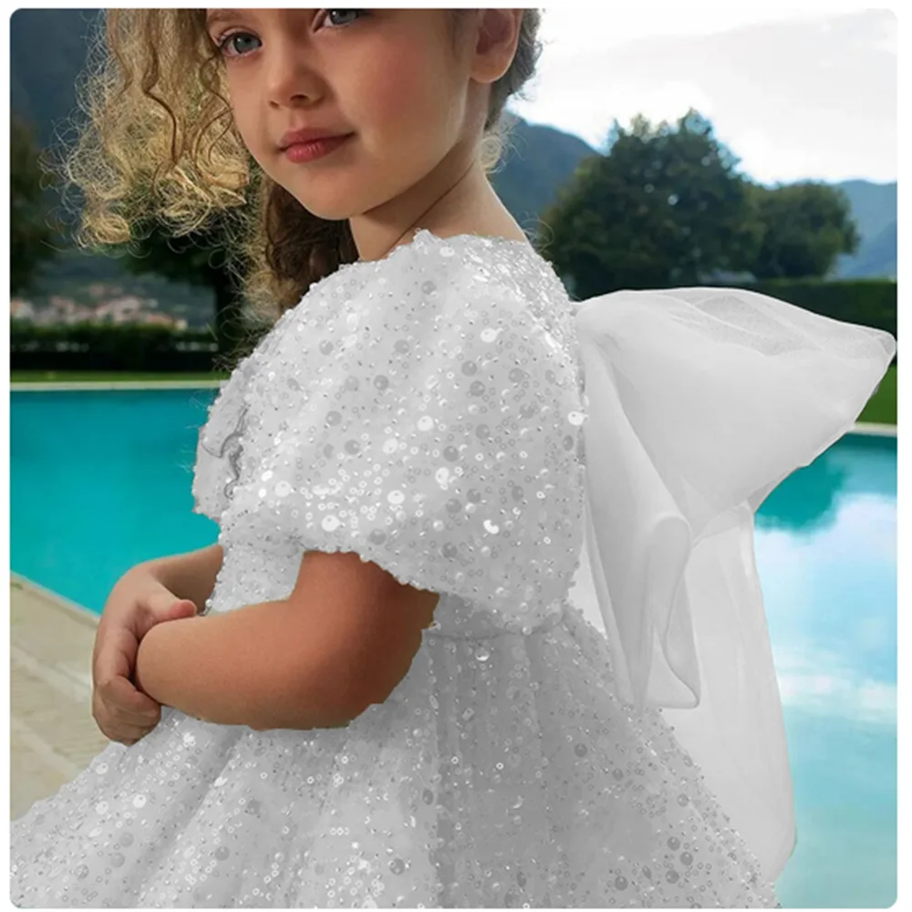 White short sleeves are cute Flower Girl Dresses Sequined Princess  Wedding Party Gowns Spring-summer Gown